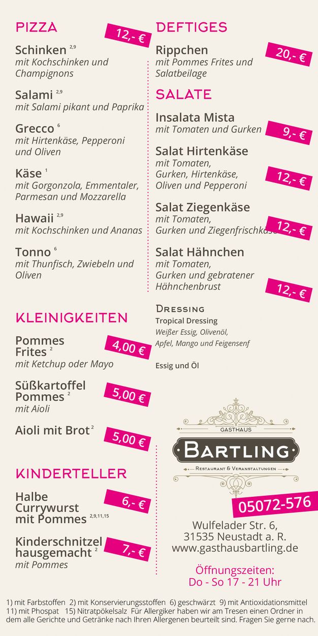Speisekarte Gasthaus Bartling